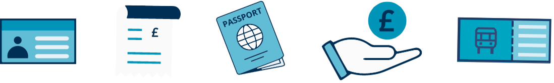 Illustrations of passport, money, tickets and ID documents needed for Harrogate College enrolment