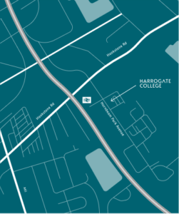 Green map with an arrow showing the location of Harrogate College