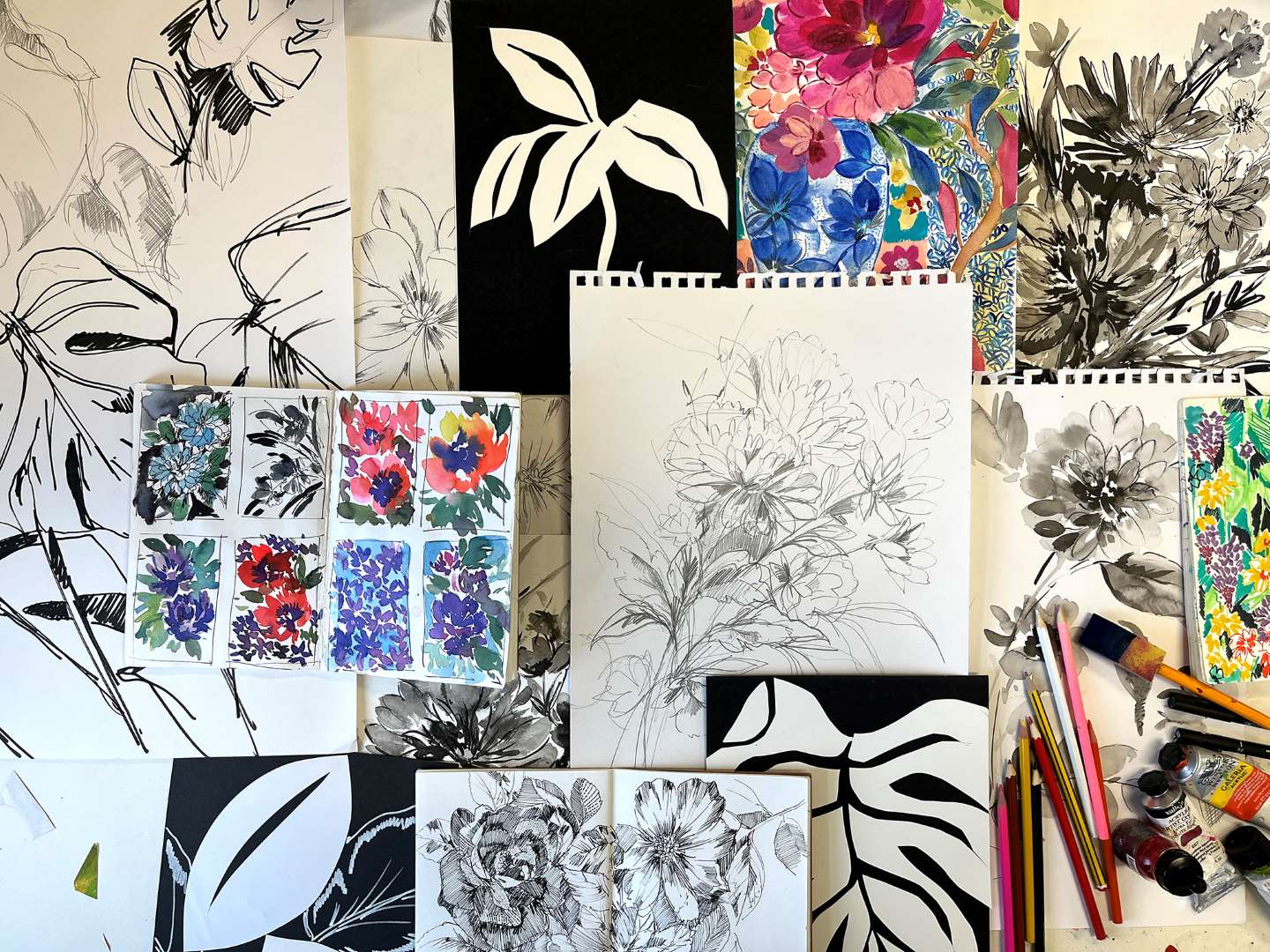 Mood board of different drawings and paintings of flowers