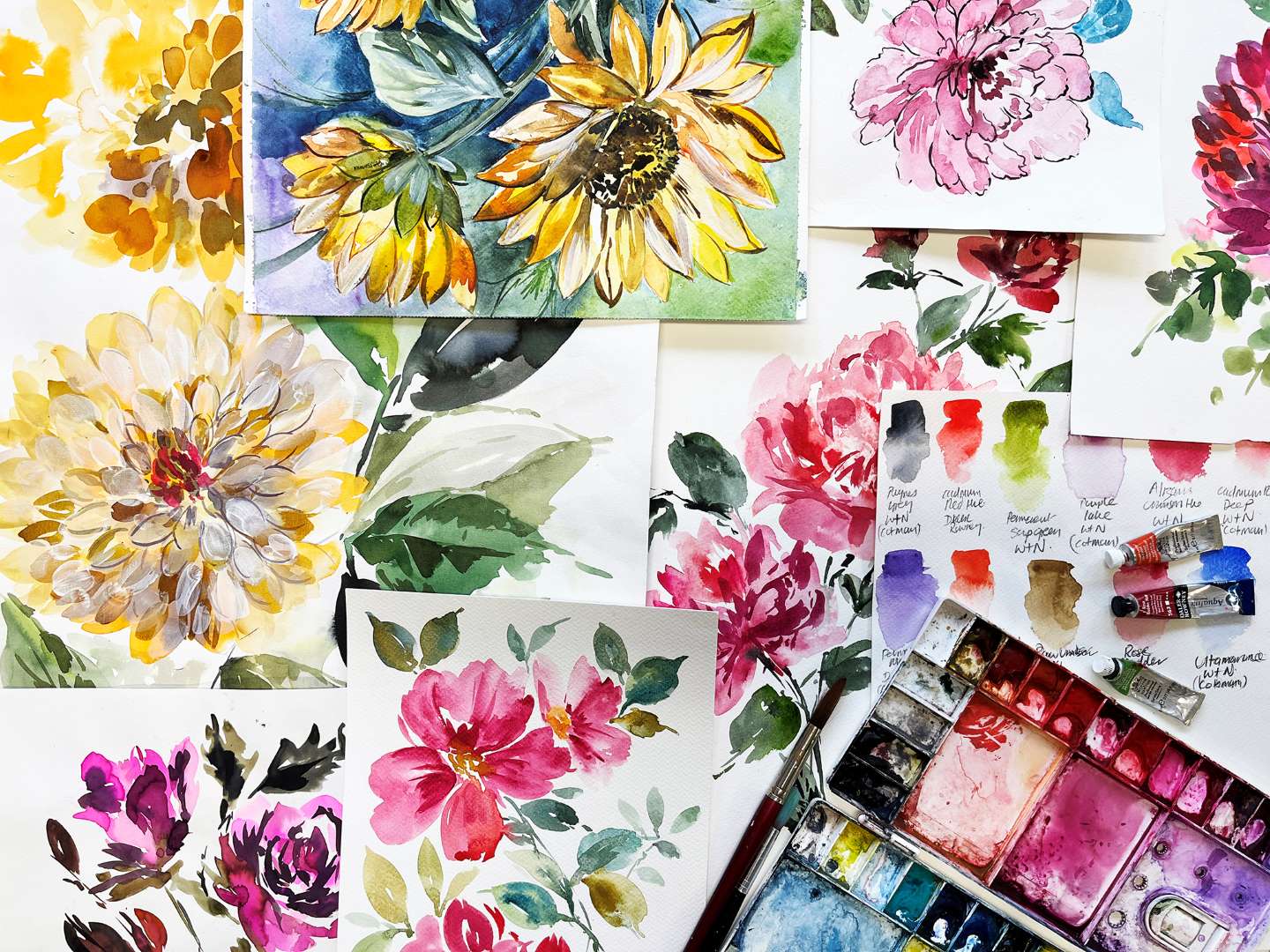 A collage of watercolour flowers