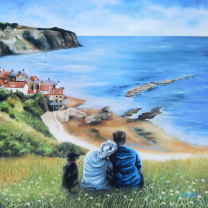 Painting of a couple sitting down with a dog viewing the seaside from top mountain