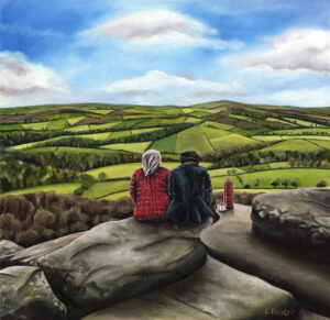 Painting of a couple sitting down enjoying breathtaking countryside view from the top of the mountain