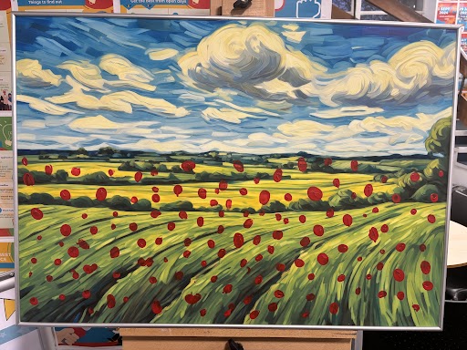 A painting of a field with poppies applied by finger painting