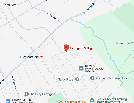 Map of Harrogate with a red drop pin showing Harrogate College in red text