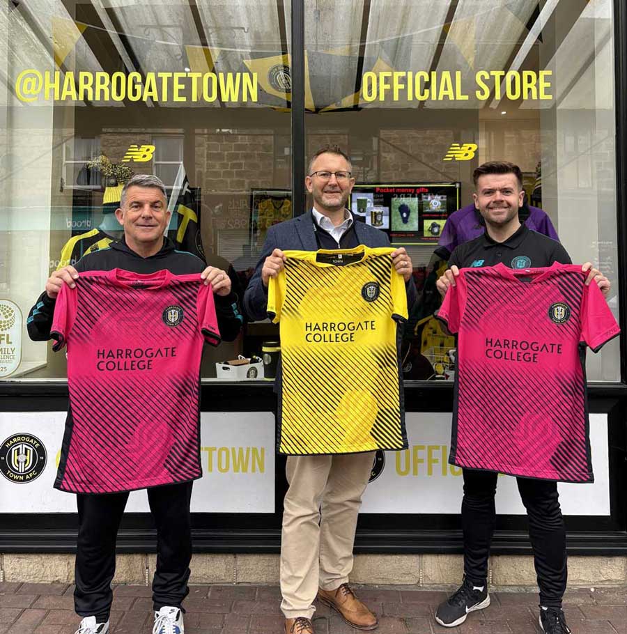Celebrating a renewed partnership - Harrogate College Principal Danny Wild (centre) at Harrogate Town AFC