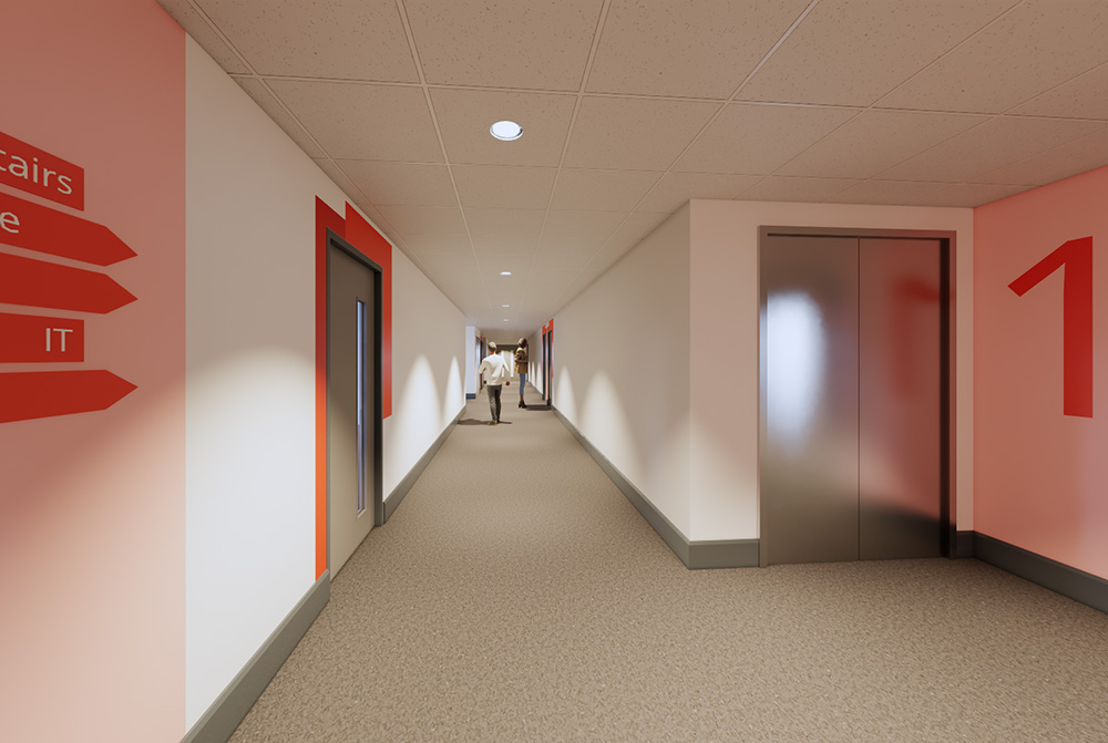 CGI image of a classroom corridor in the new Harrogate College building