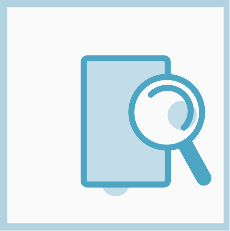 Decorative teal STEM icon - magnifying glass with clipboard